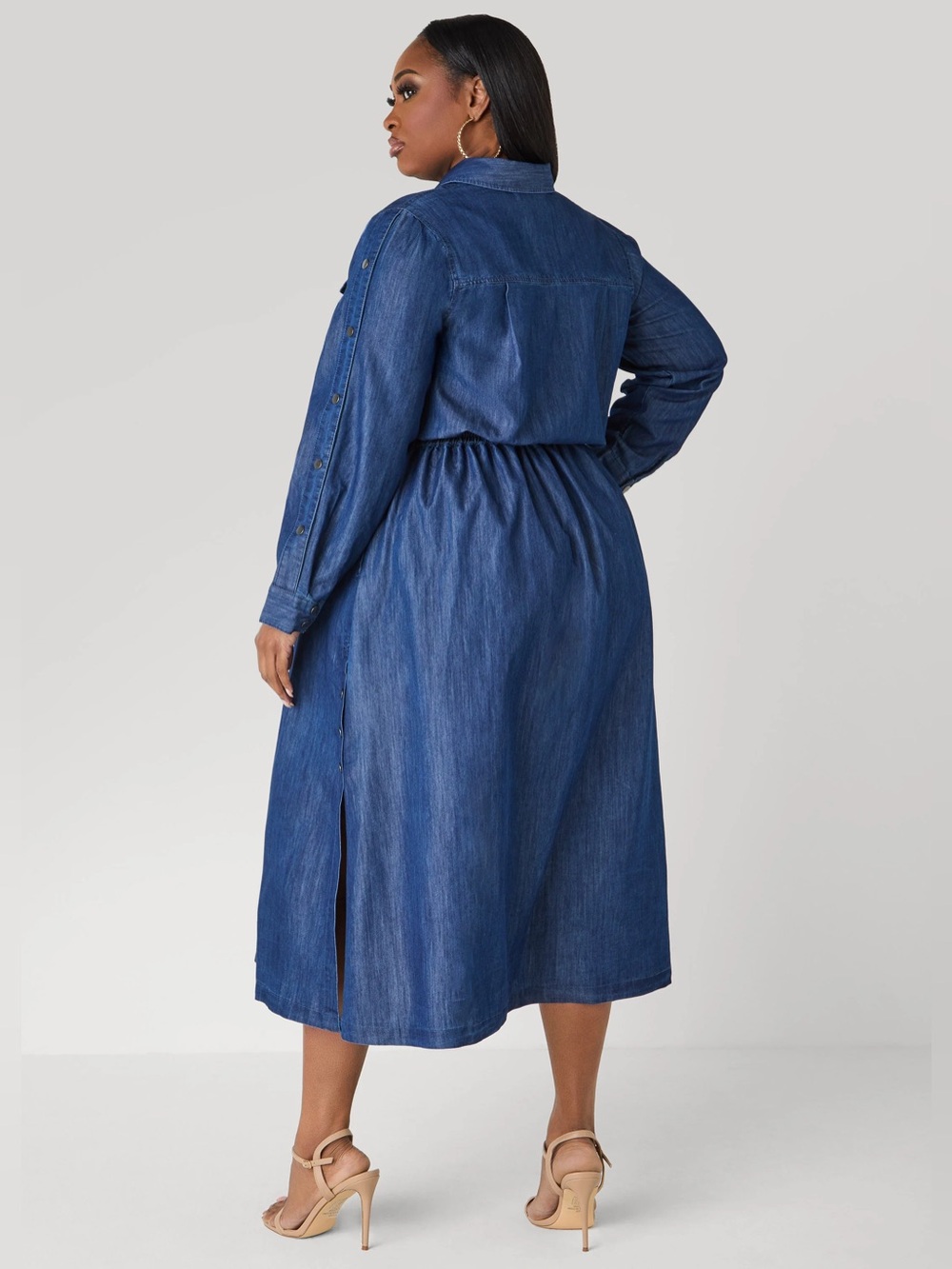 Denim Button-Front Midi Dress in Chambray - Picture 2 of 7
